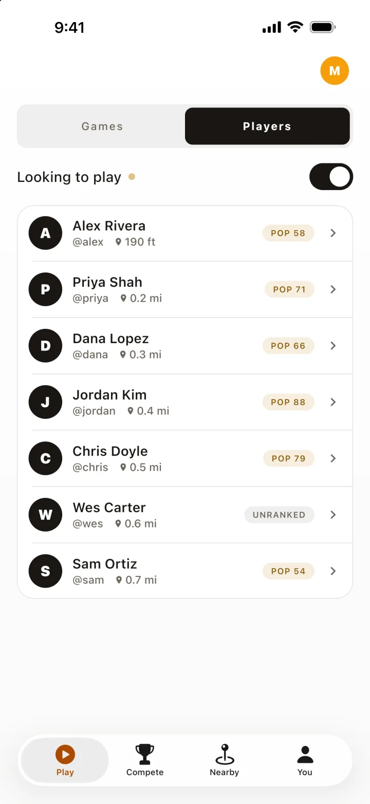 Nearby players in Kernel, with their POP